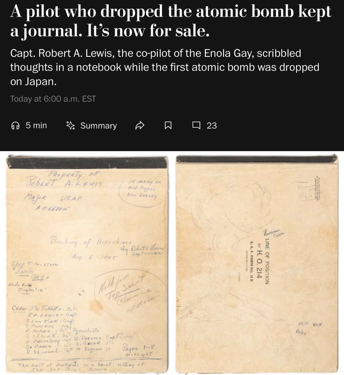 Щоденник пілота, який скинув бомбу на Хіросіму, продають за $950 000, — The Washington Post.